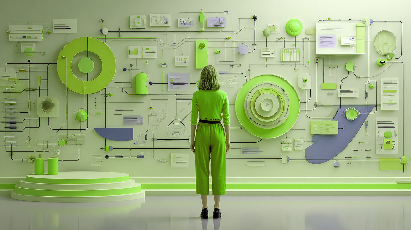 Γυναίκα βλέπει τοίχο για κόνσεπτ για οργάνωση και πρακτικές λύσεις ή για καινοτομία