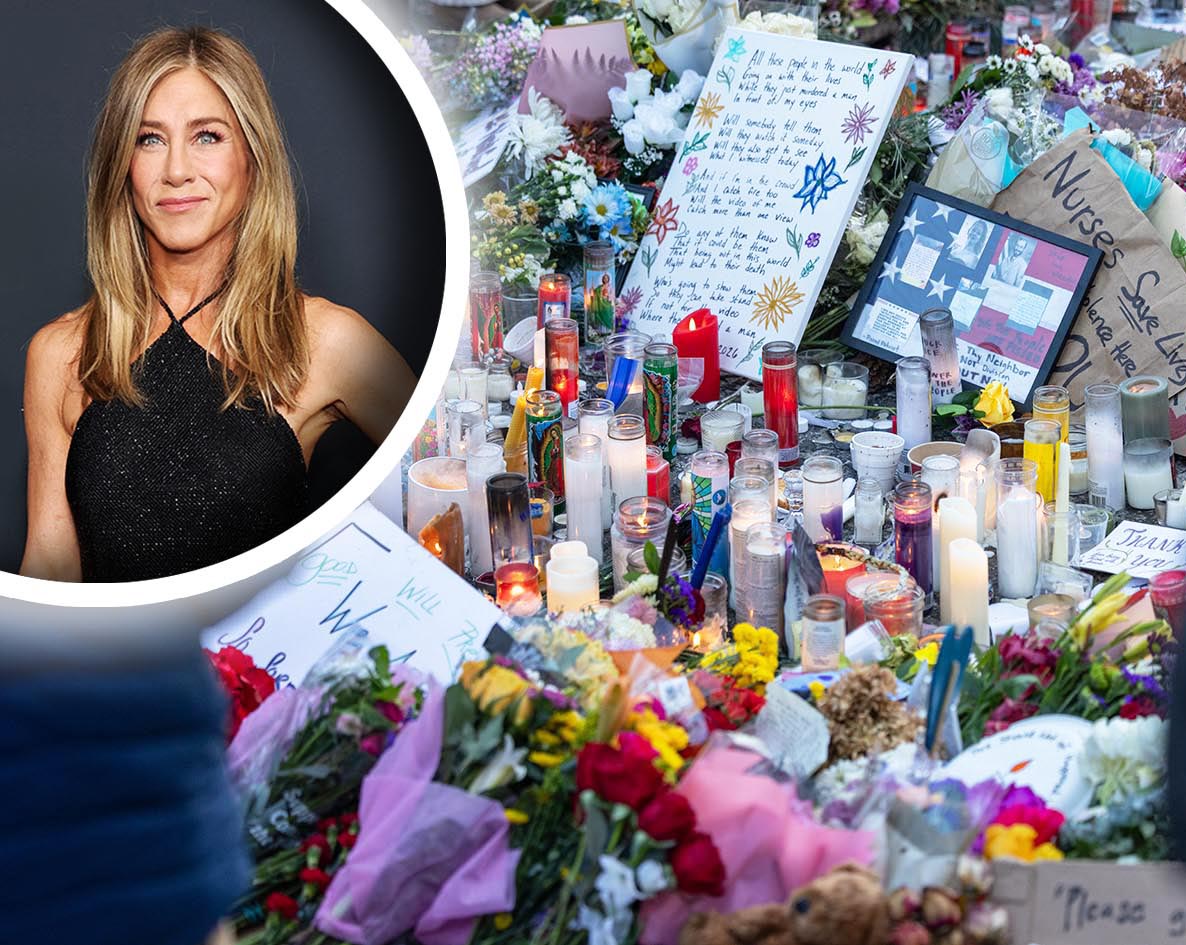 Διαδηλωτές τηρούν αγρυπνία για τον Άλεξ Πρέτι, τον άνδρα που πυροβολήθηκε θανάσιμα από την ομοσπονδιακή υπηρεσία μετανάστευσης την προηγούμενη ημέρα στη Μινεάπολη των Ηνωμένων Πολιτειών, στις 25 Ιανουαρίου 2026. Φωτογραφία πάνω δεξιά της Jennifer Aniston