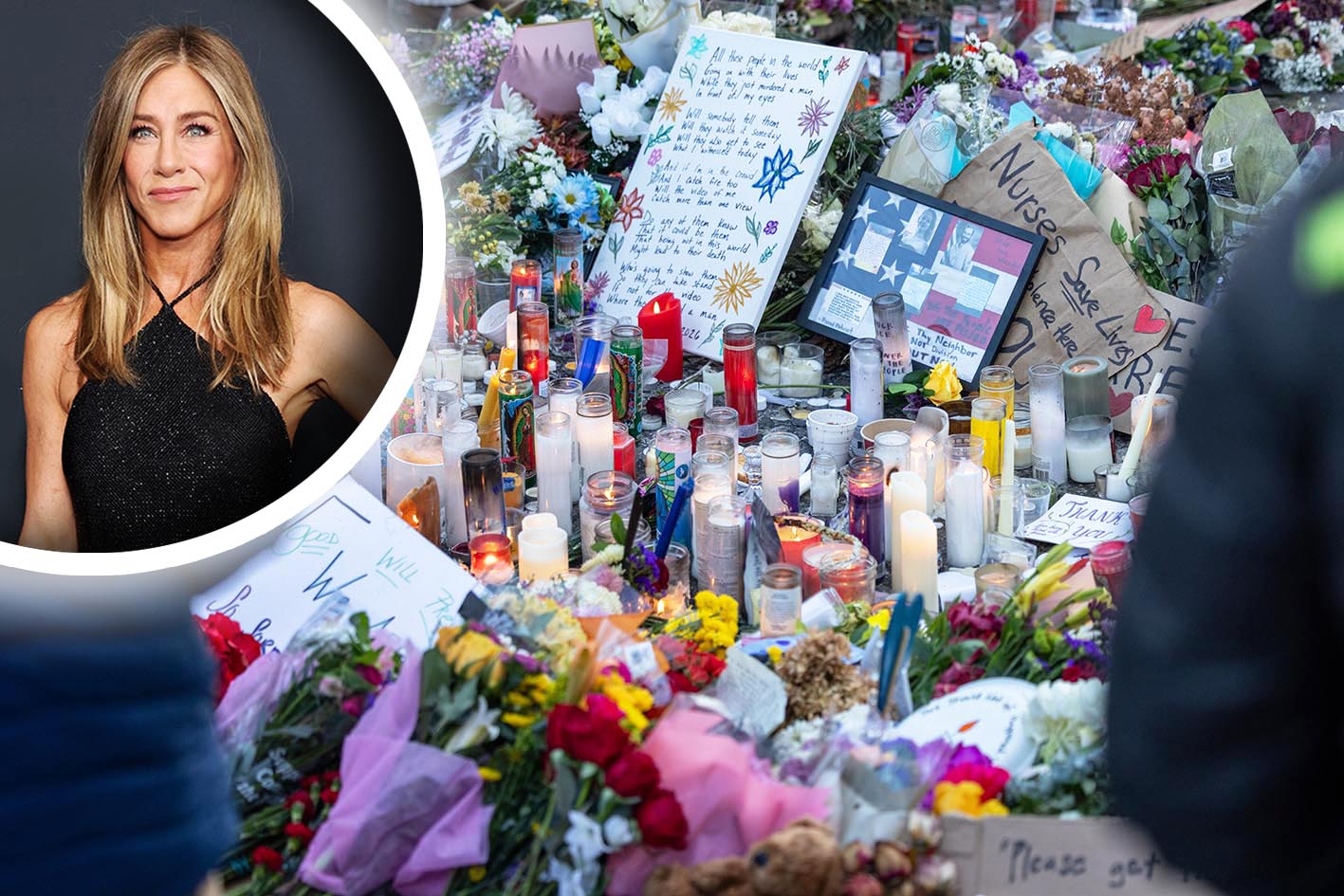 Διαδηλωτές τηρούν αγρυπνία για τον Άλεξ Πρέτι, τον άνδρα που πυροβολήθηκε θανάσιμα από την ομοσπονδιακή υπηρεσία μετανάστευσης την προηγούμενη ημέρα στη Μινεάπολη των Ηνωμένων Πολιτειών, στις 25 Ιανουαρίου 2026. Φωτογραφία πάνω δεξιά της Jennifer Aniston