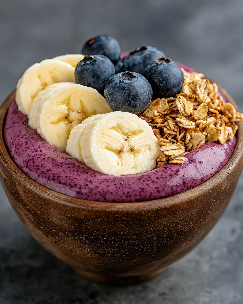 Μωβ acai σε μπολ με φρέσκα φρούτα και γκρανόλα, η υπερτροφή του Αμαζονίου για αντιγήρανση