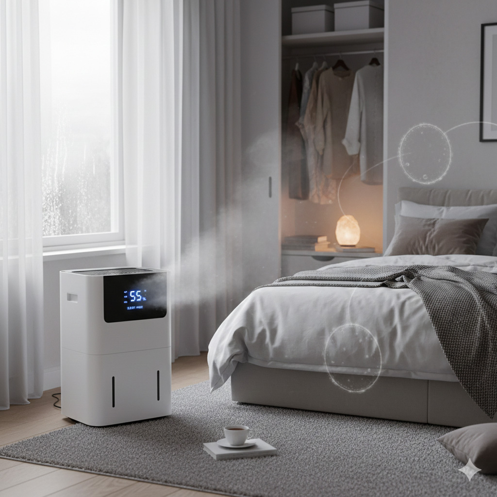 Αφυγραντήρας δουλεύει σε υπνοδωμάτιο για να διώξει την υγρασία από τον χώρο.