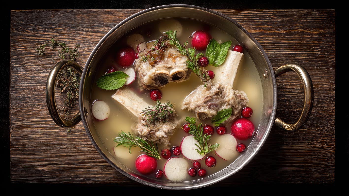 Zωμός οστών σε κατσαρόλα με λαχανικά και κόκκαλα από μοσχάρι