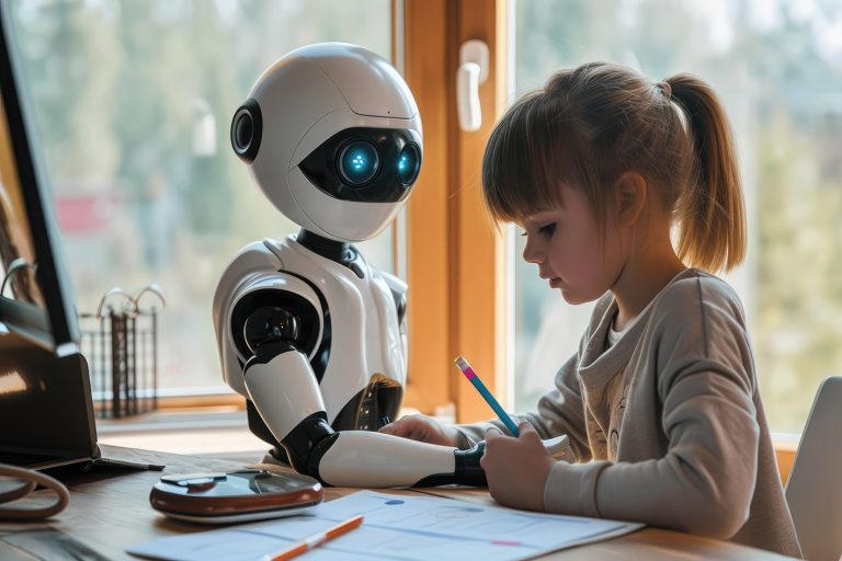 Παιδί και ρομπότ ai κάνουν μάθημα
