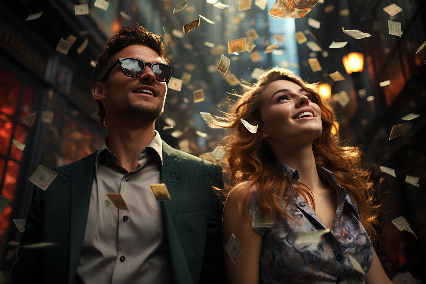 Ζευγάρι με λεφτά να πετάνε γύρω του