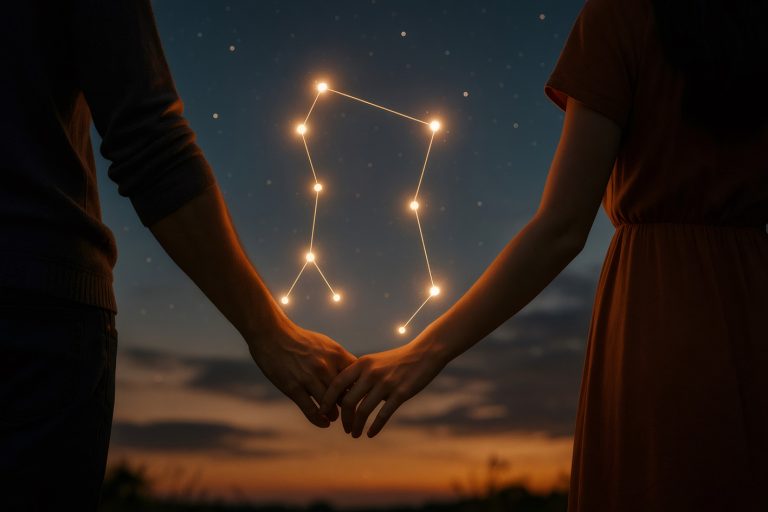 Zευγάρι χεράκι χεράκι. Ζουμ στα χέρια τους και ενα ζωδιακό σήμα πάνω στον ουρανό ανάμεσά τους.