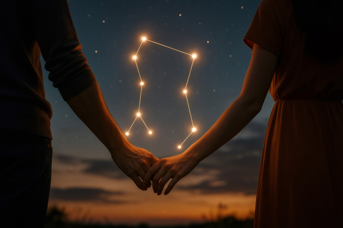 Zευγάρι χεράκι χεράκι. Ζουμ στα χέρια τους και ενα ζωδιακό σήμα πάνω στον ουρανό ανάμεσά τους.