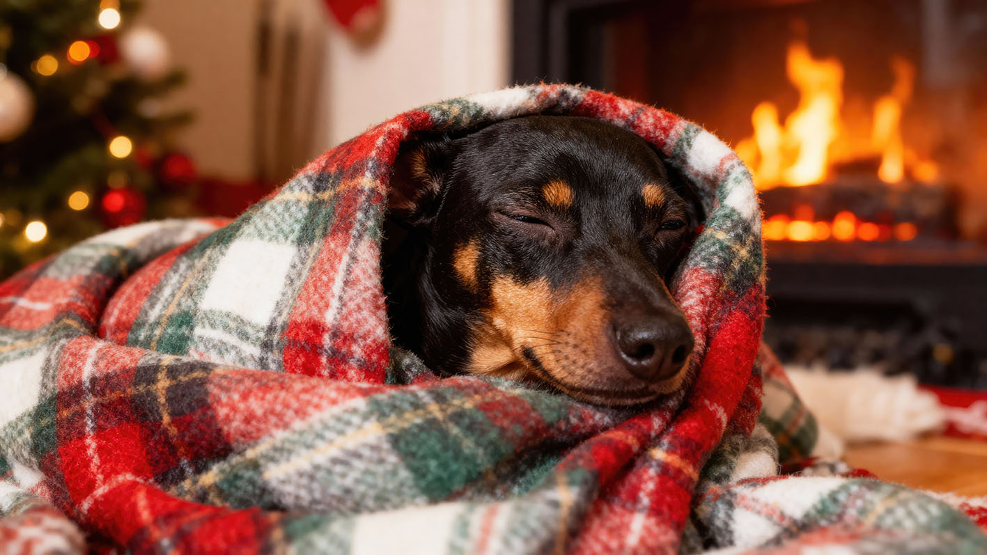 Μικρό σκυλάκι με κουβέρτα μπροστά στο τζάκι