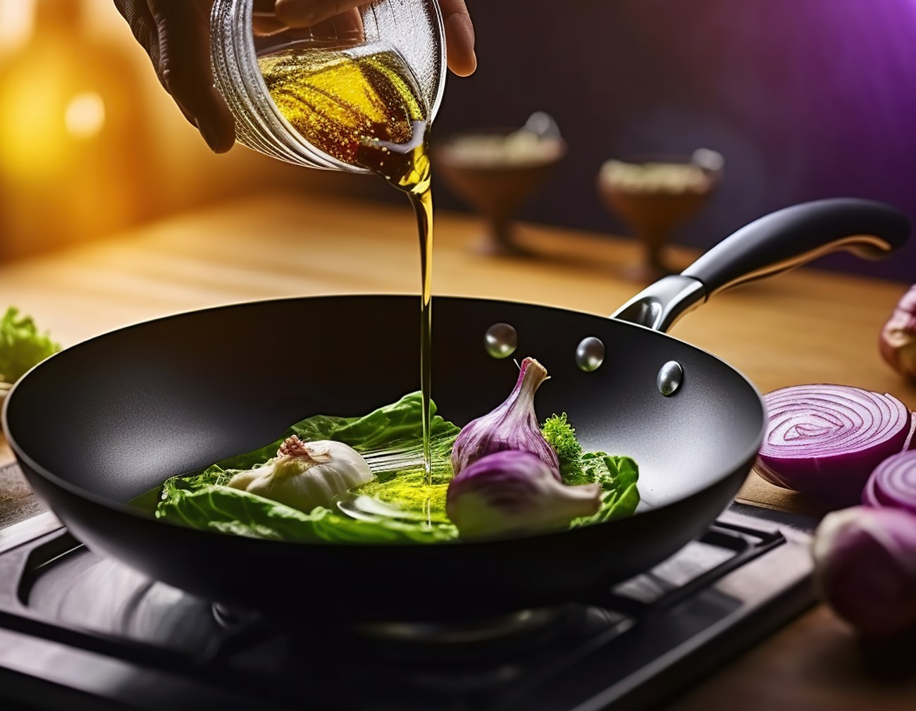 Ελαιόλαδο στο τηγάνι για σοτάρισμα