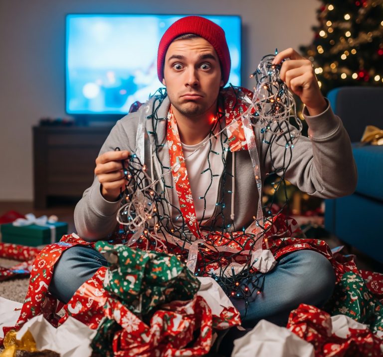 Άνδρας μπλεγμένος με χριστουγεννιάτικα λαμπιόνια