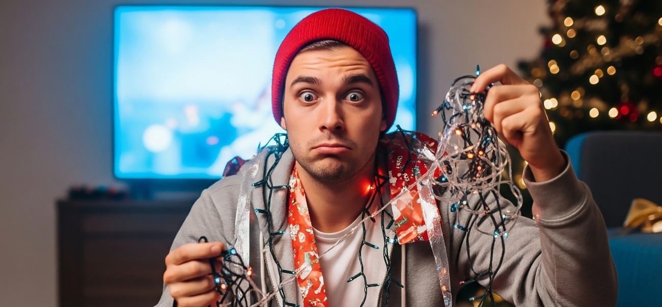 Άνδρας μπλεγμένος με χριστουγεννιάτικα λαμπιόνια