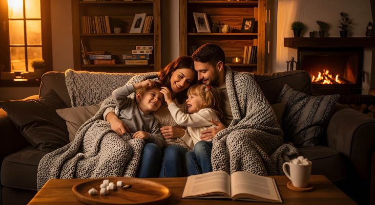 Οικογένεια μαμά και μπαμπάς με παιδιά αγκαλιασμένοι στον καναπέ με τα παιδάκια τους