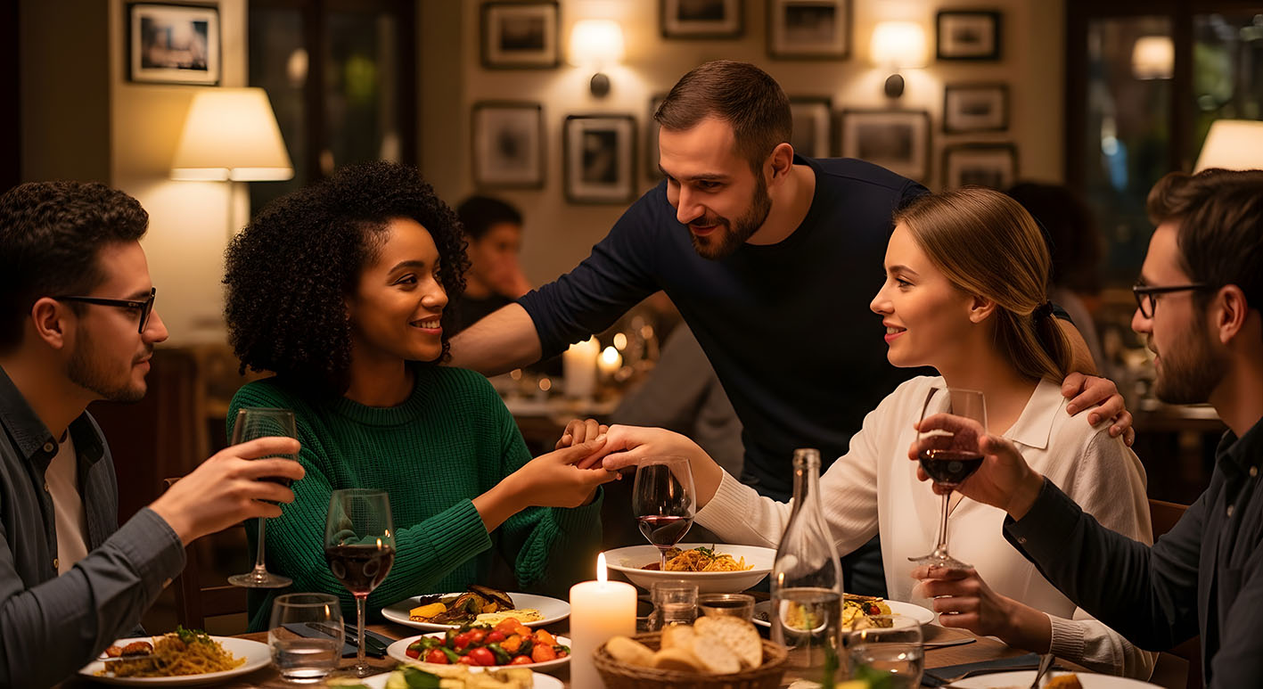 Φίλοι σε βραδινή έξοδο περνάνε όμορφα σε εστιατόριο