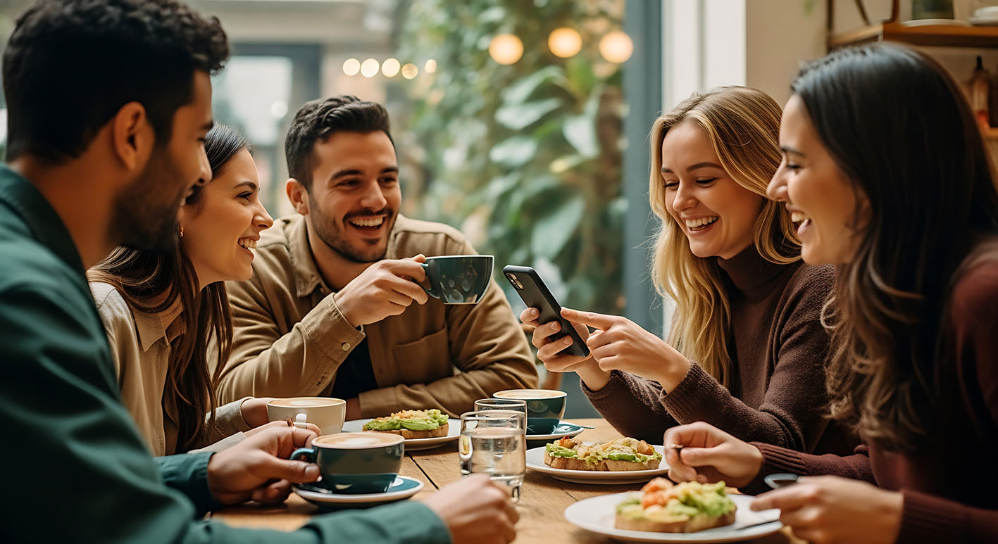 Φίλοι έξω σε εστιατόριο διασκεδάζουν τρώγοντας