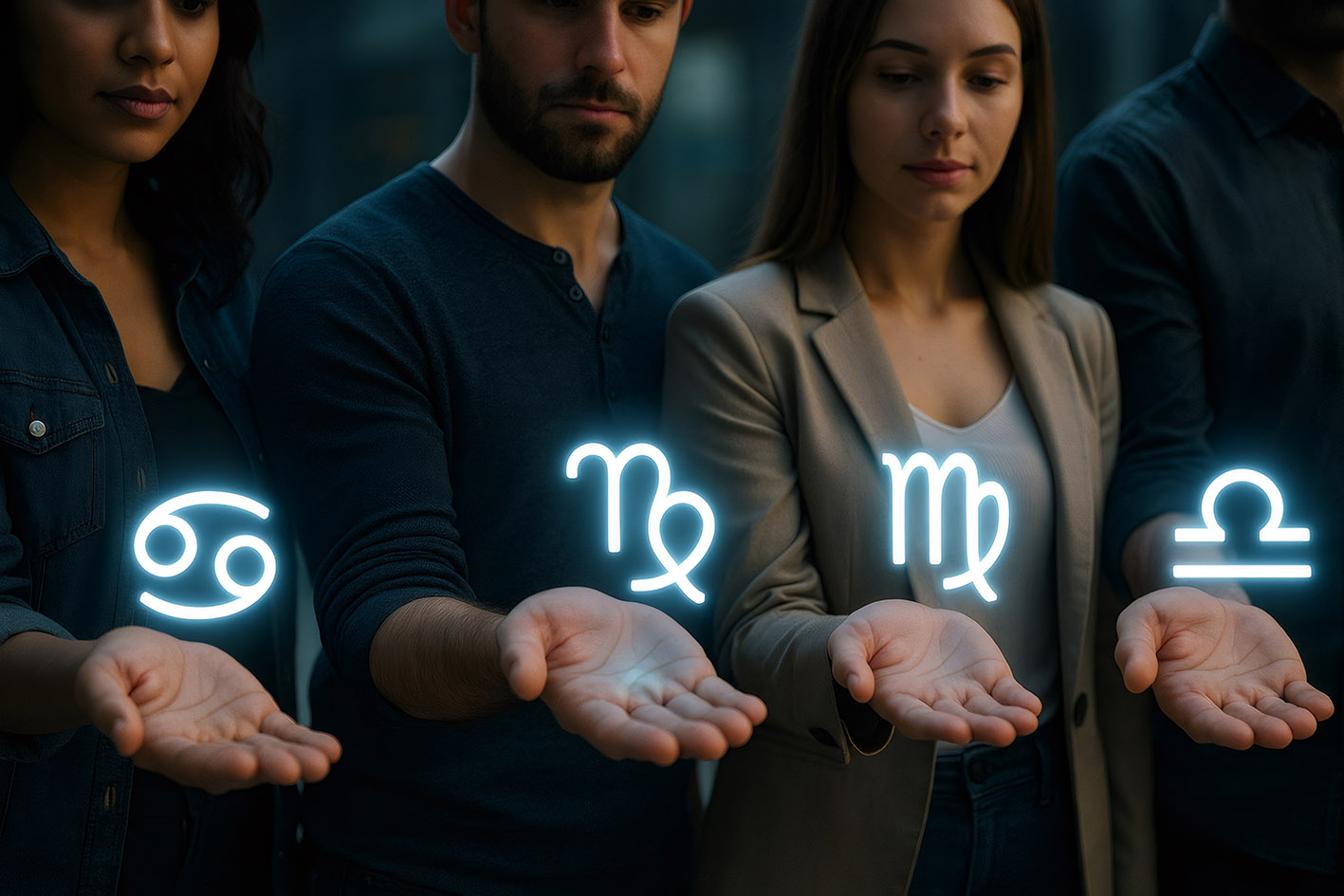 4 φίλοι με σήματα ζωδίων ζωγραφισμένα πάνω από τις ανοιχτές παλάμες τους. Κόνσεπτ ζώδια και αγάπη