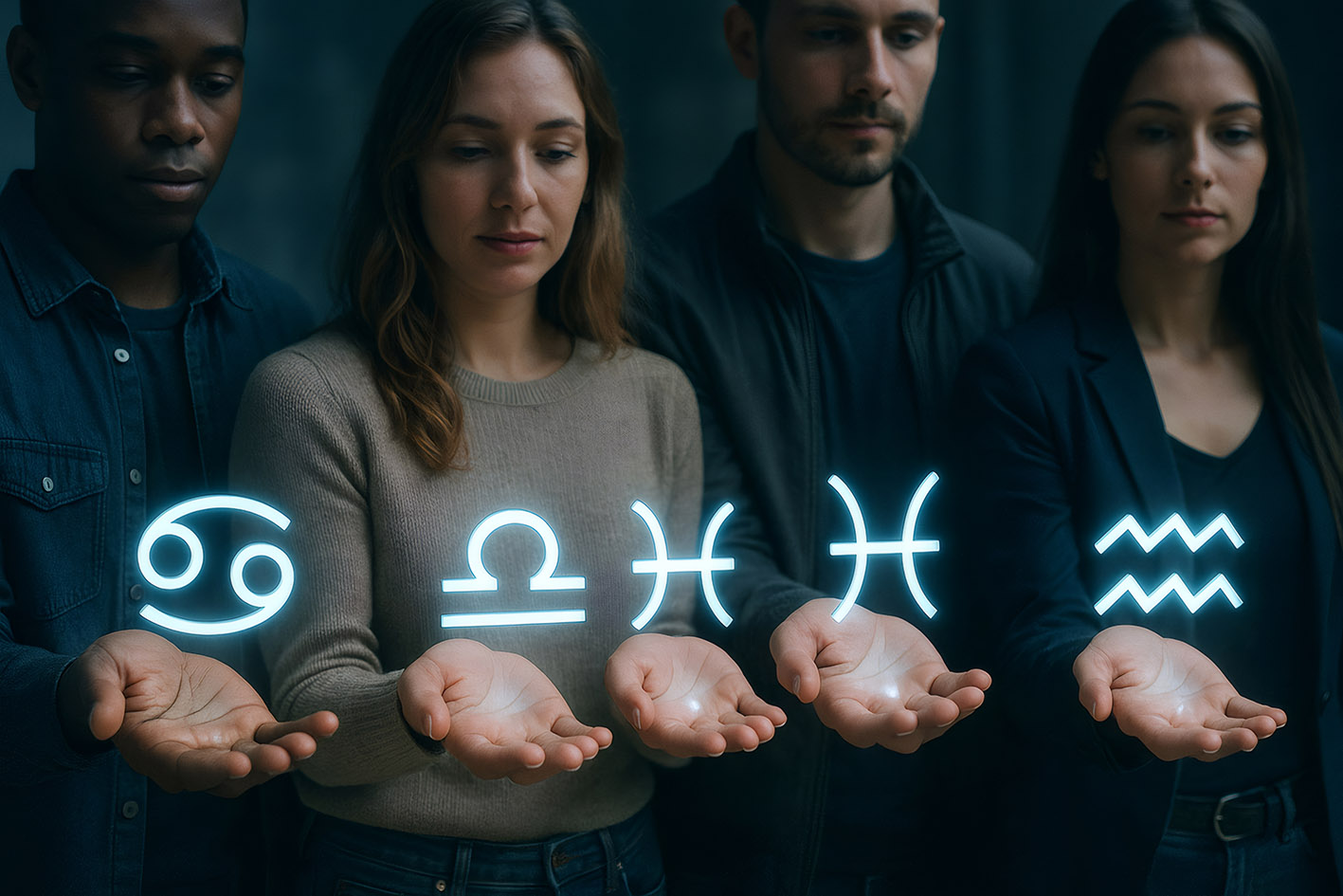 4 φίλοι με σήματα ζωδίων ζωγραφισμένα πάνω από τις ανοιχτές παλάμες τους. Κόνσεπτ ζώδια και αγάπη