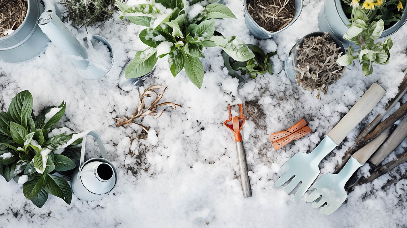 Φυτά και εργαλεία κηπουρικής καλυμμένα με χιόνι.