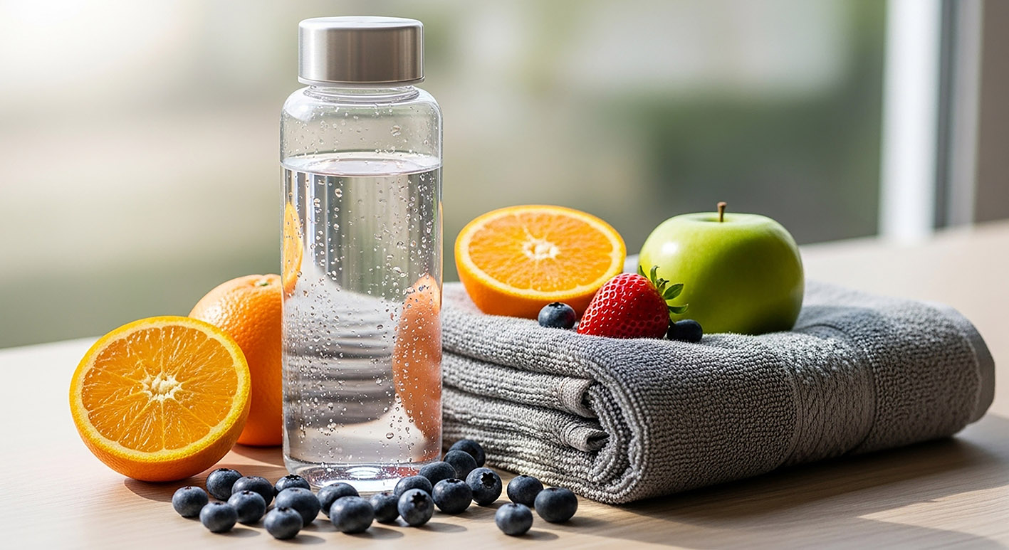 Μπουκάλι νερό φρούτα και πετσέτα. Κόνσεπτ για θέμα fitness ή υγείας