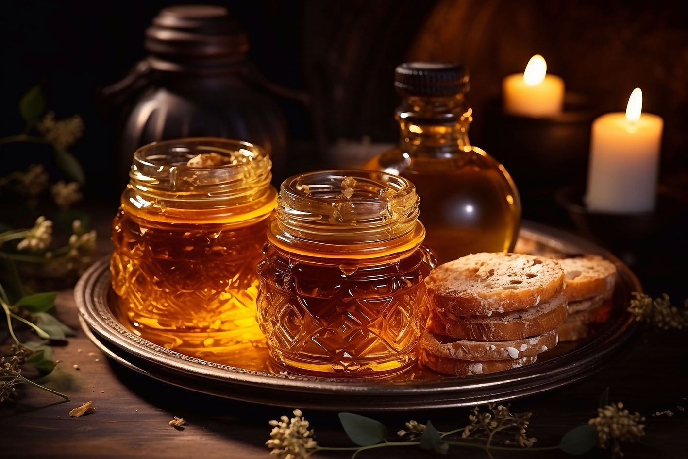 Μπουκάλια μέλι και κηρύθρα δίπλα σε αναμμένα κεριά