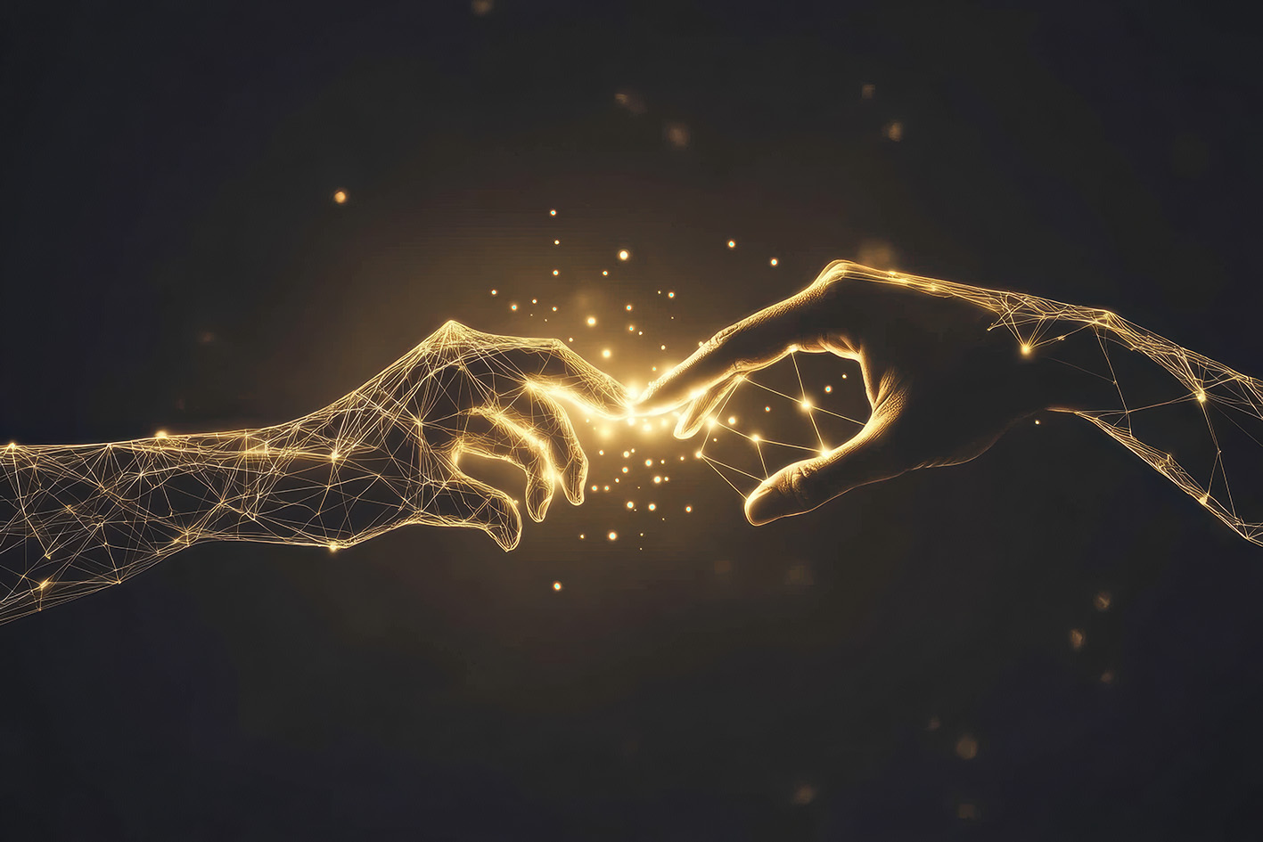 Δύο χέρια ενώνονται με τα δάκτυλα στο σύμπαν. Το άγγιγμα του Μίδα
