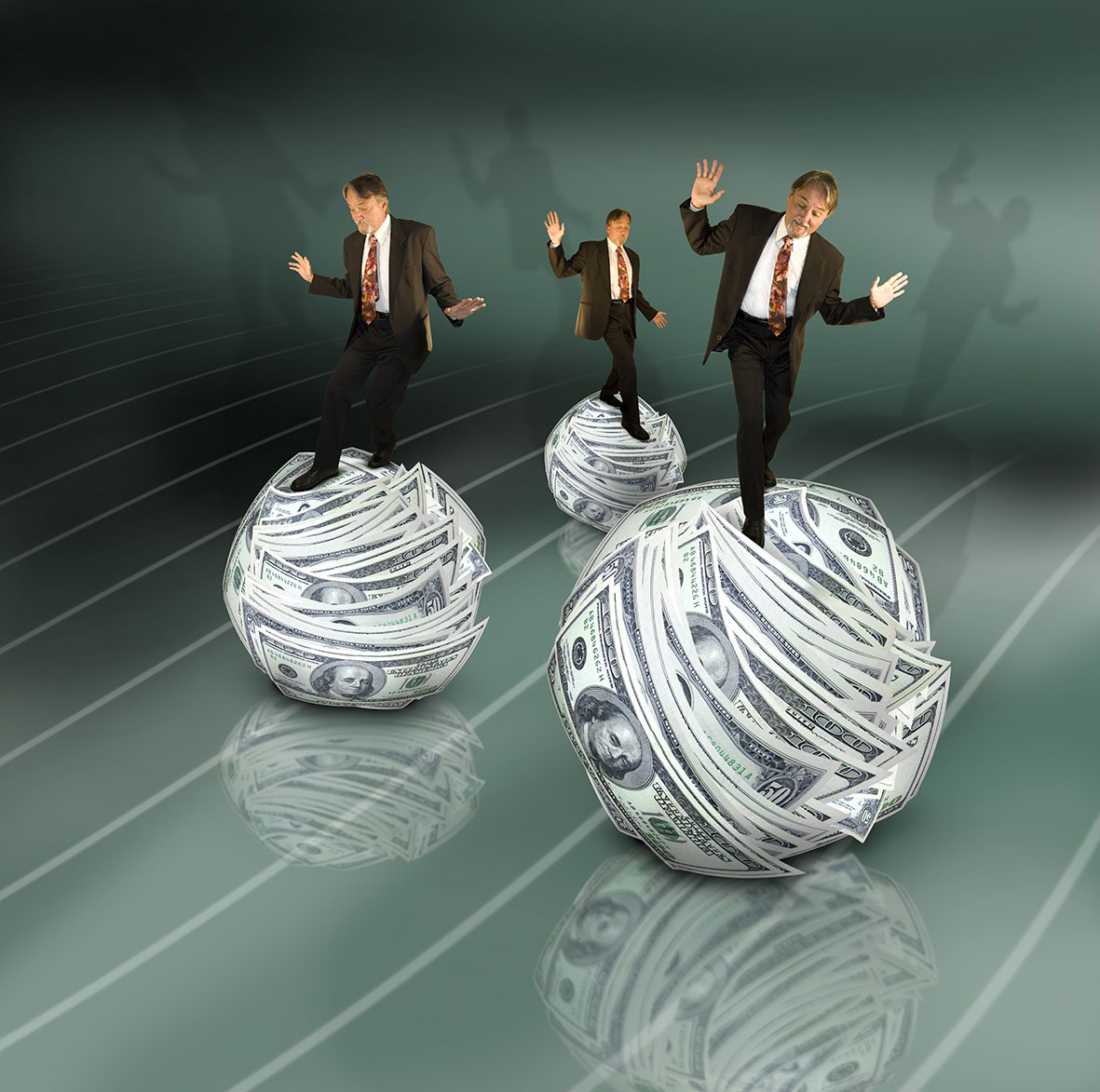 Δολάρια σαν μπάλες με 3 ανθρώπους πάνω σε κάθε μπάλα