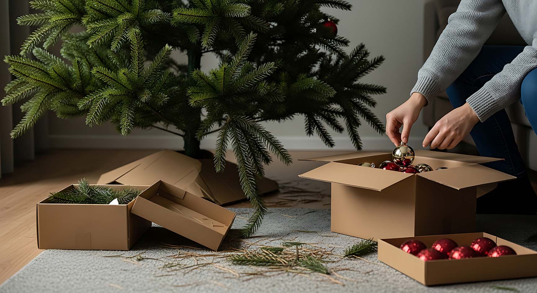 Γυναίκα μαζεύει στολιδια και χριστουγεννιάτικο δέντρο.