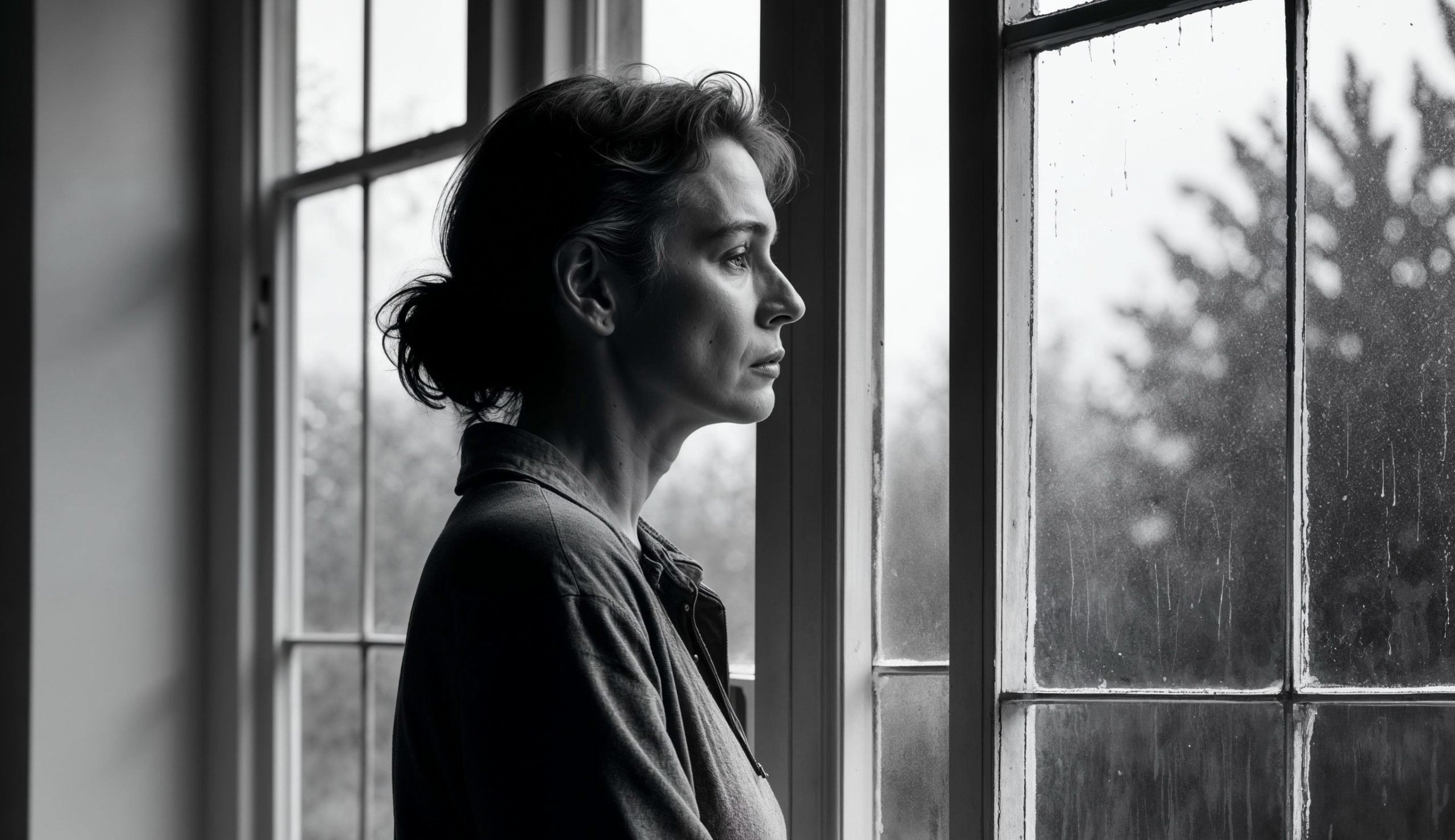 Λυπημένη γυναίκα κοιτά από το παράθυρο