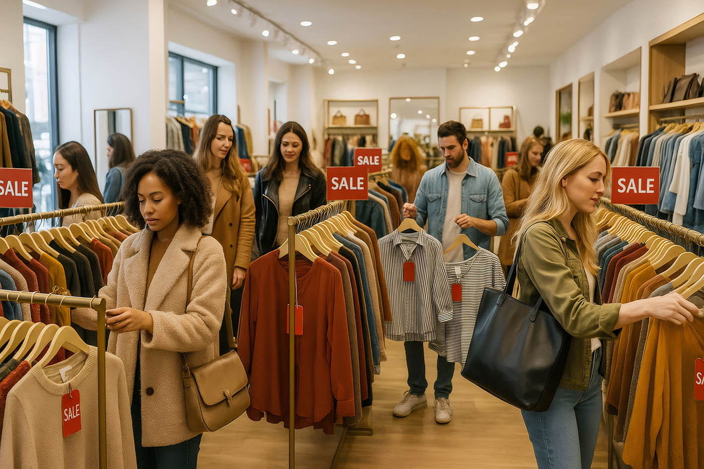 Αγοραστές ψωνίζουν ρούχα στις εκπτώσεις