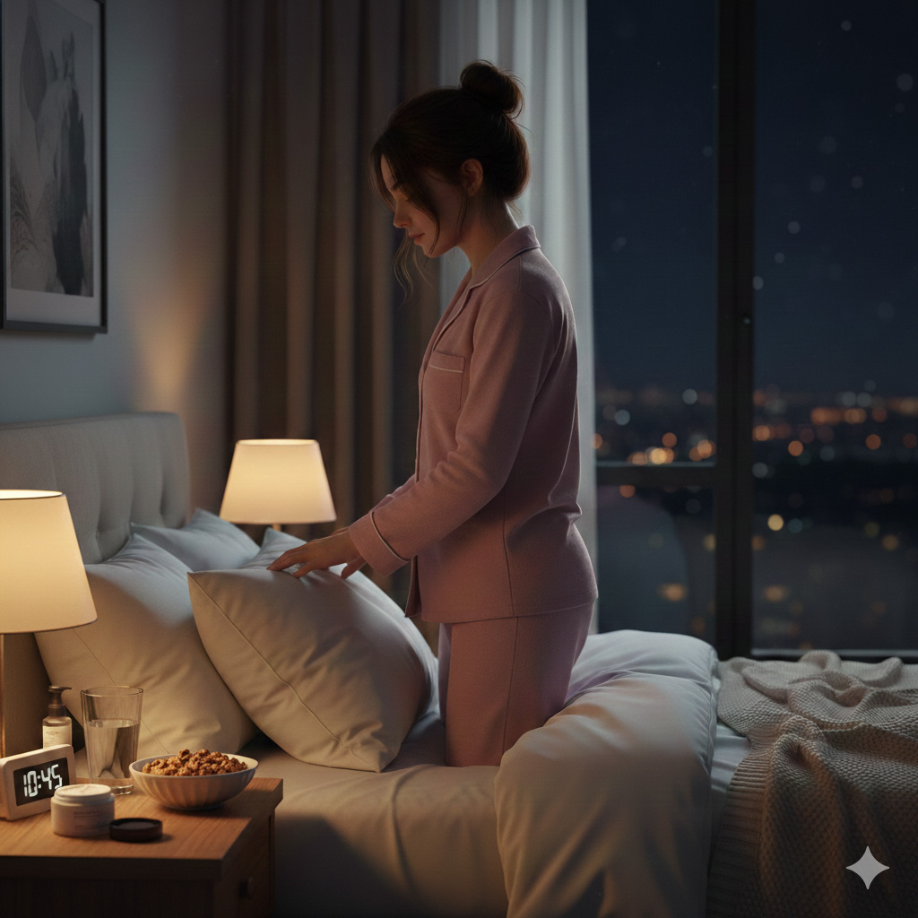Γυναίκα ετοιμάζεται να ξαπλώσει στο κρεβάτι και δίπλα στο κομοδίνο έχει ένα μπολ με καρύδια