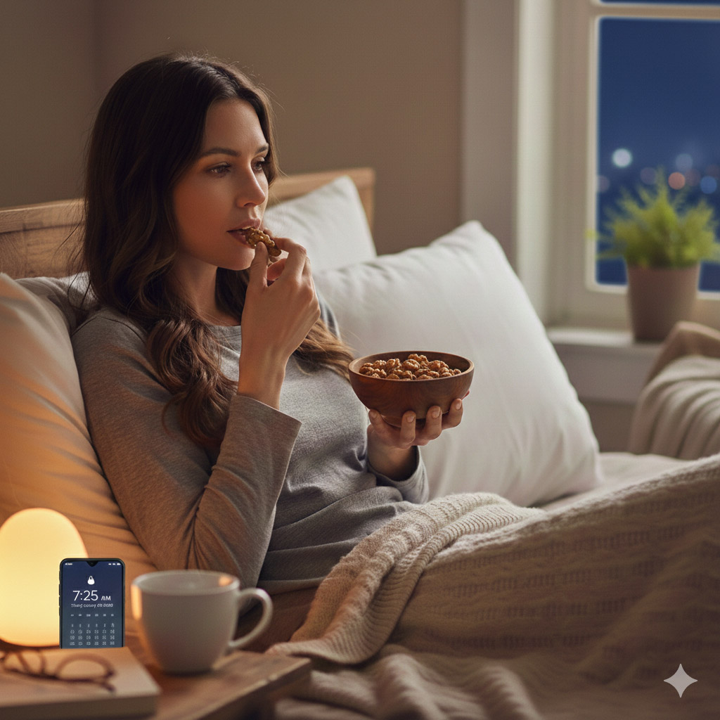 Γυναίκα τρώει καρύδια στο κρεβάτι