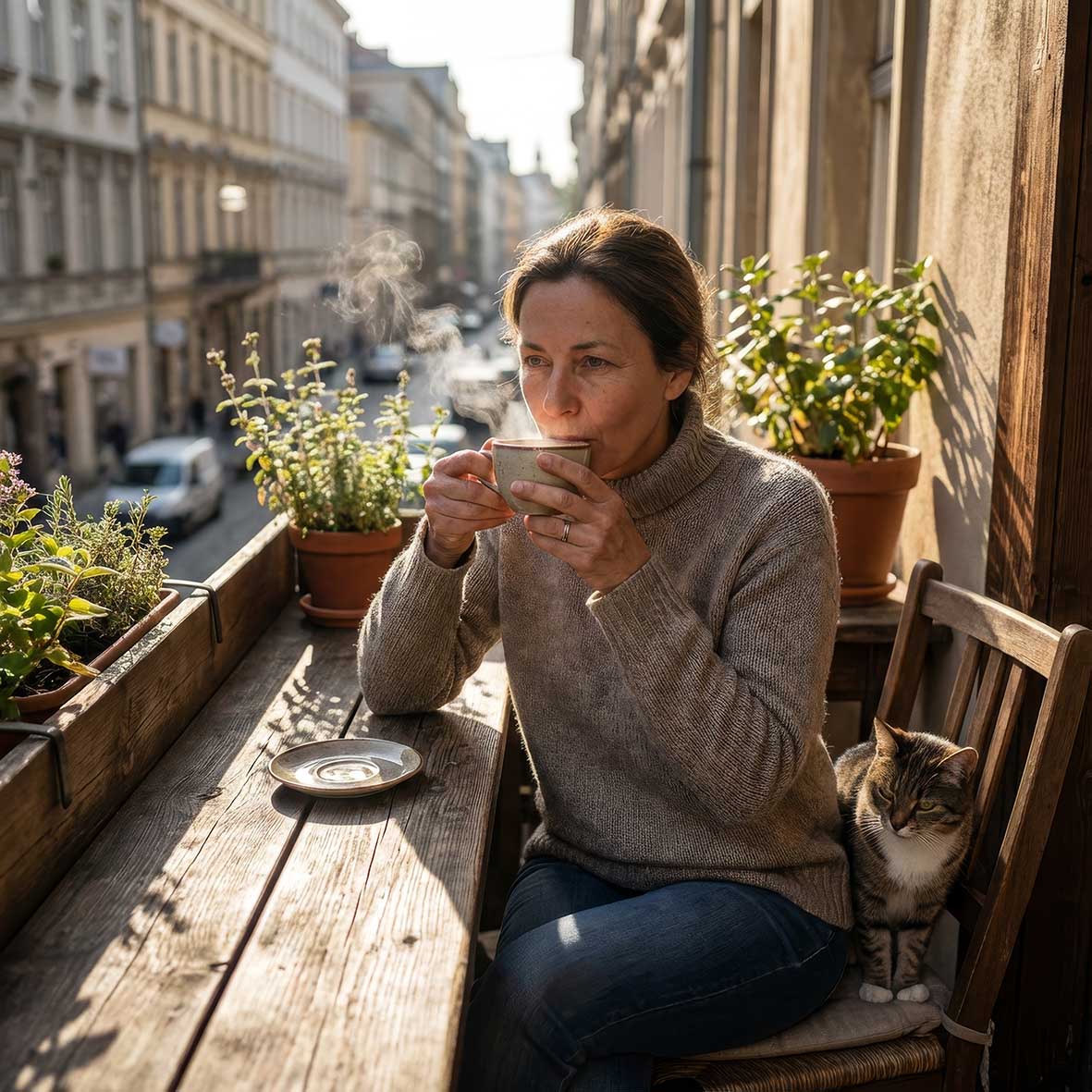 Γυναίκα στο μπαλκόνι πίνει ζεστό αφέψημα ή καφέ ή τσάι