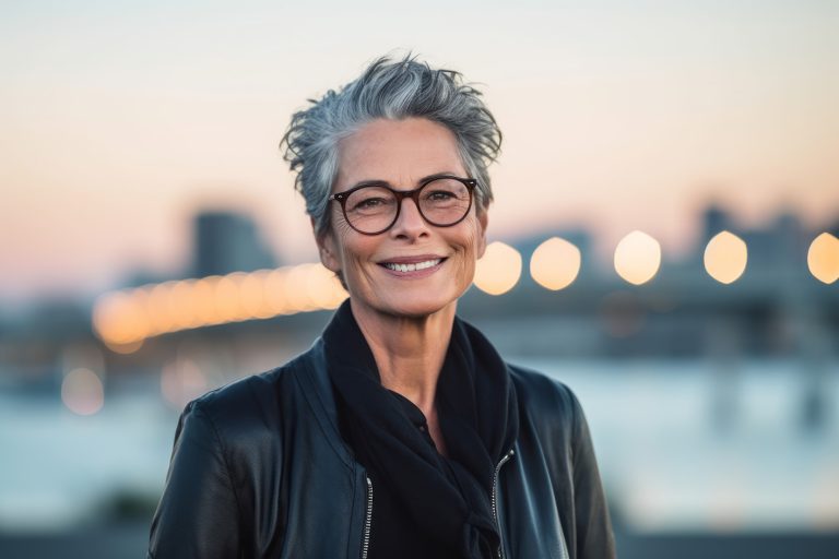Γυναίκα μέσης ηλικίας με γυαλιά και δερμάτινο χαμογελά