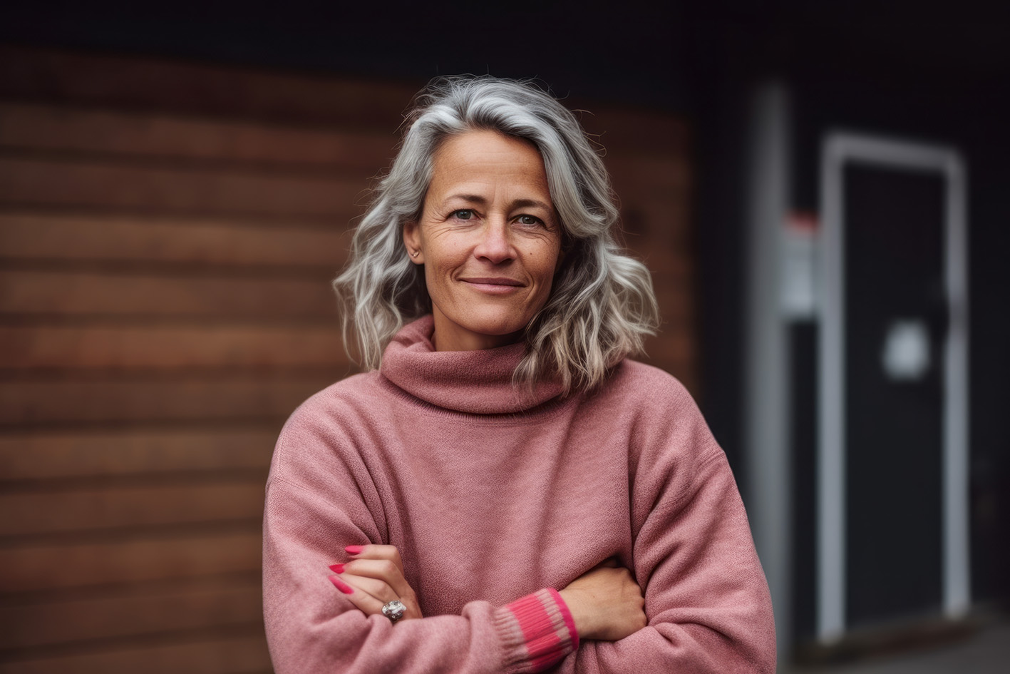 Γυναίκα με ροζ πουλόβερ μέσης ηλικίας με τα χέρια της σταυρωμένα στο στήθος χαμογελά