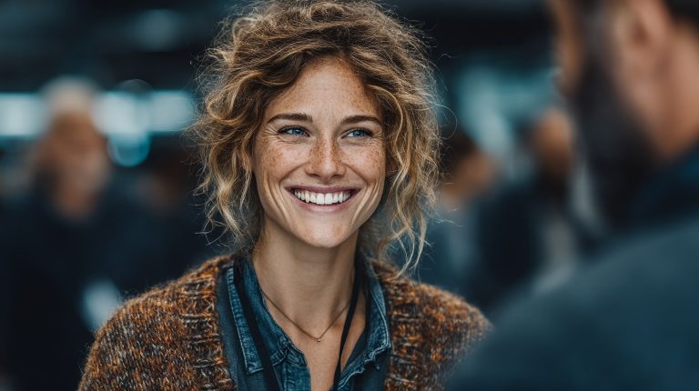 Γυναίκα νέα χαμογελά σε άνδρα