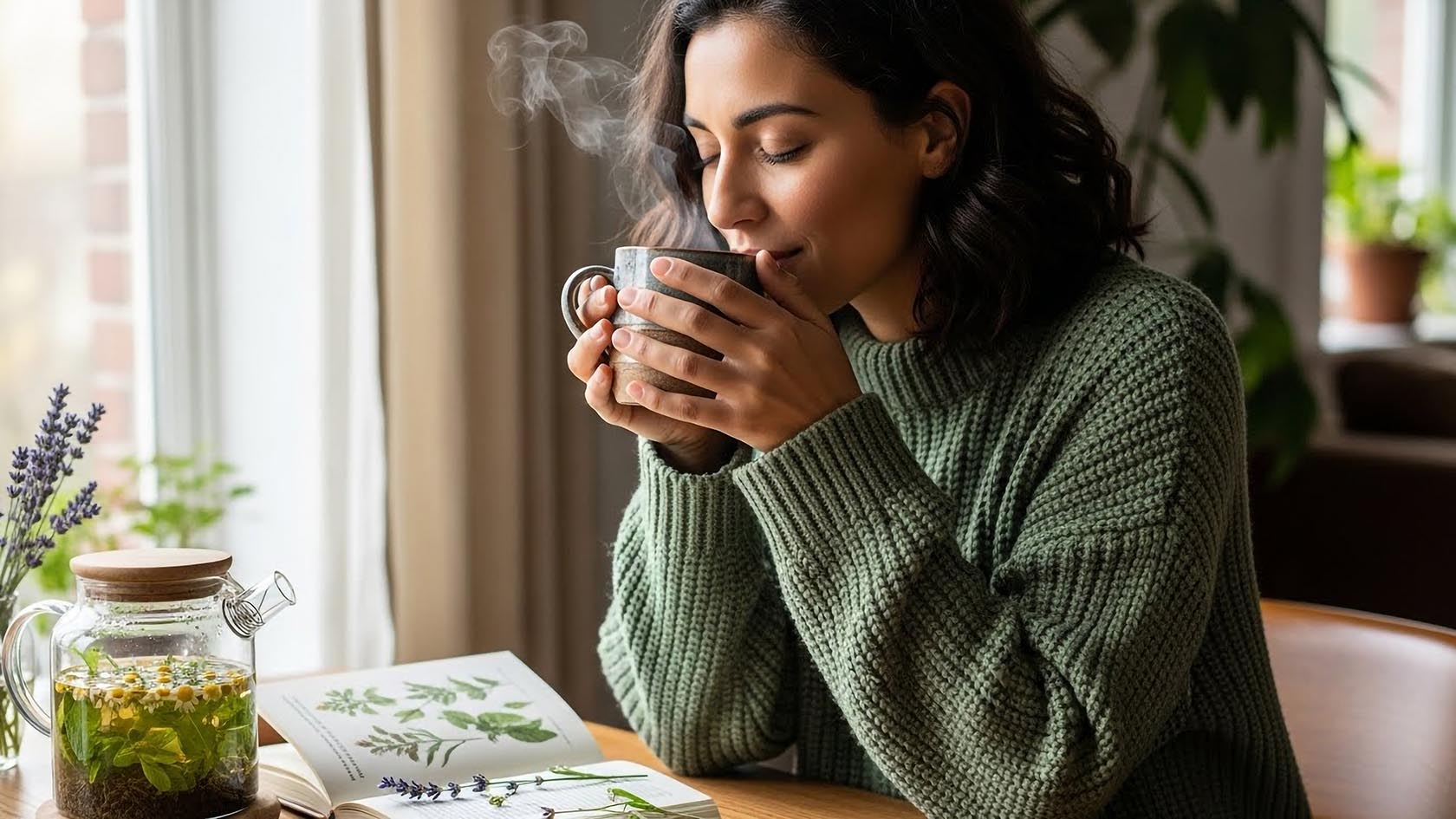 Γυναίκα πίνει ζεστό ποτό ή καφέ ή σοκολάτα ή τσάι