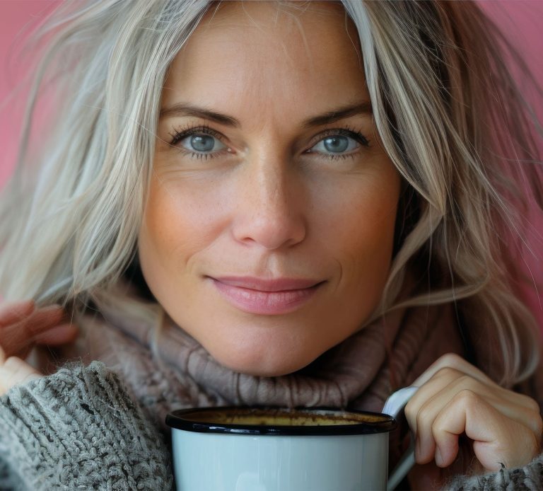 Γυναίκα πίνει ζεστό ποτό ή καφέ ή σοκολάτα ή τσάι