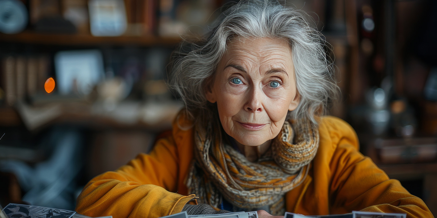 Γυναίκα ηλικιωμένη κοιτά τον φακό. Για θέμα Αλτσχάιμερ