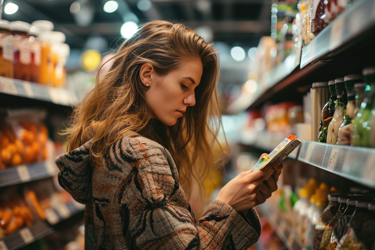 Γυναίκα διαβάζει διατροφικά στοιχεία στην ετικέτα του τροφίμου
