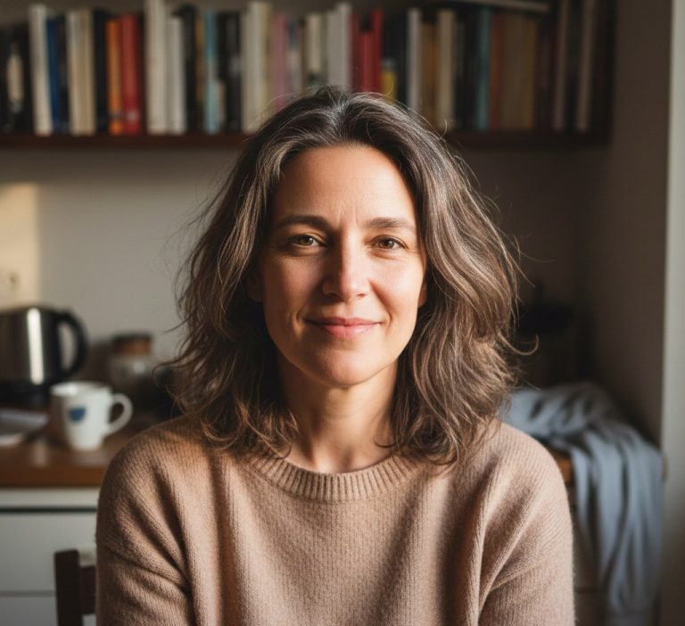 Γυναίκα βλέπει τον φακό και χαμογελά