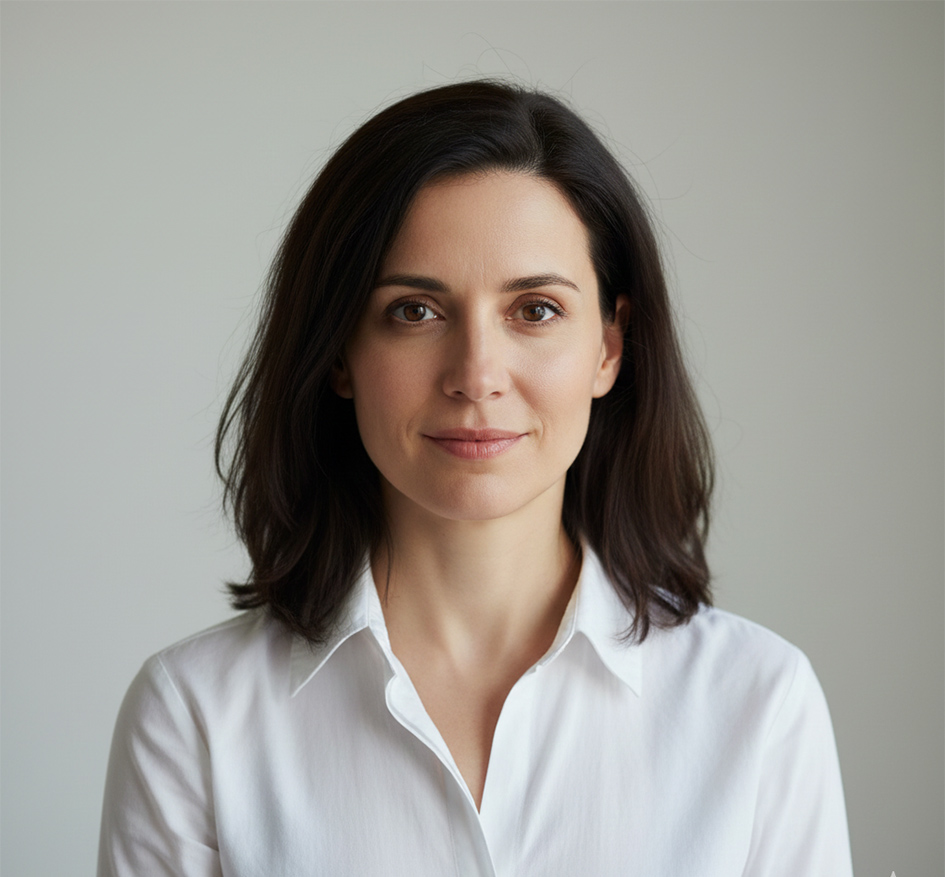 Γυναίκα βλέπει τον φακό με ελαφρύ χαμόγελα και ηρεμία στα μάτια