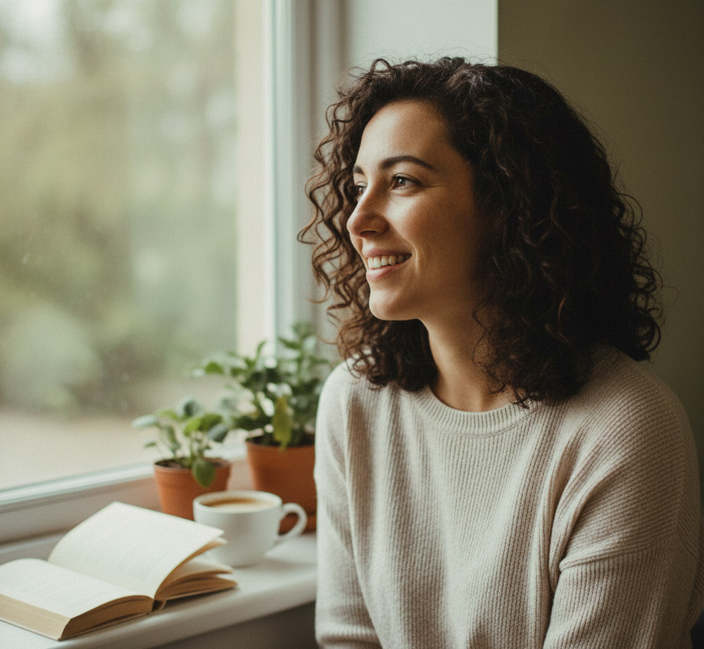 Γυναίκα βλέπει έξω από ένα παράθυρο και χαμογελά - Δίπλα της υπάρχει καφές βιβλίο ανοιχτό και μικρές γλάστρες