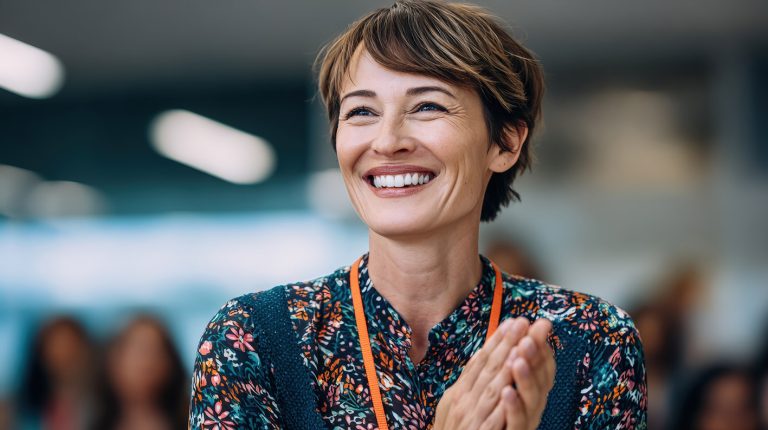 Γυναίκα χαρούμενη χαμογελά. Επαγγελματική επιτυχία