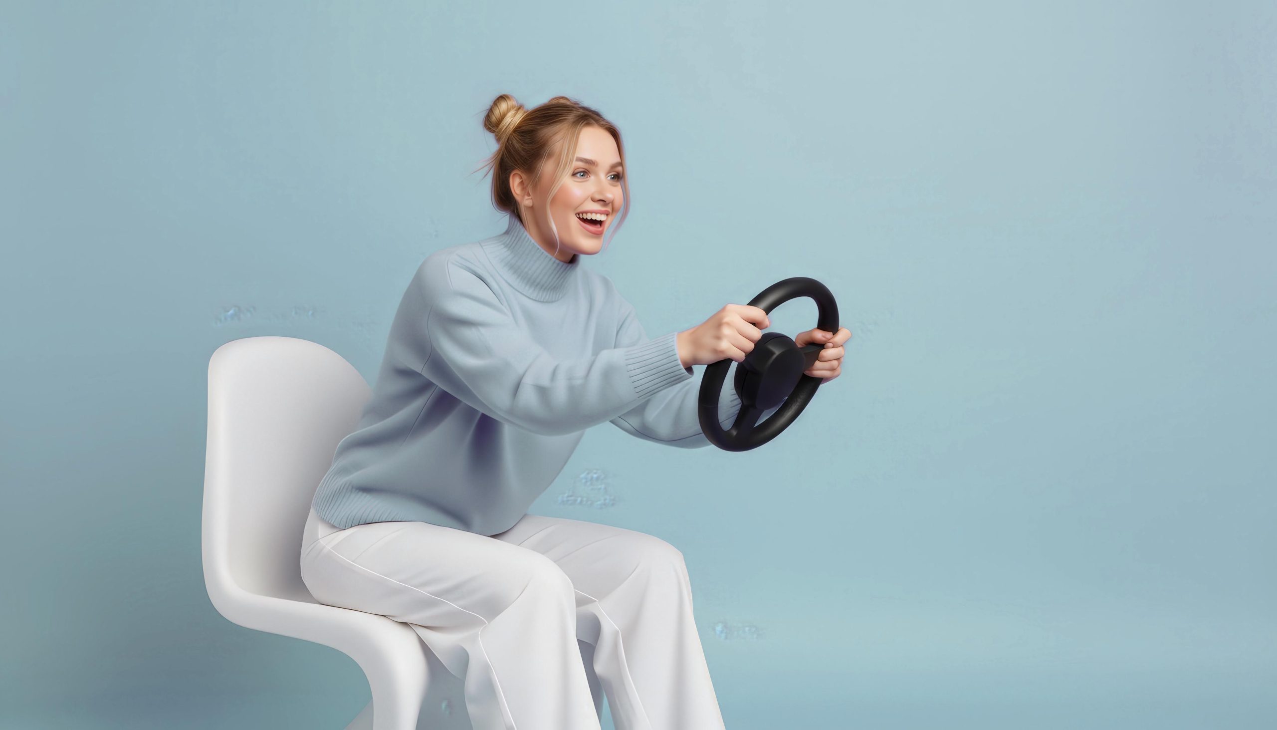 Γυναίκα χαρούμενη κρατά στα χέρια της ένα τιμόνι