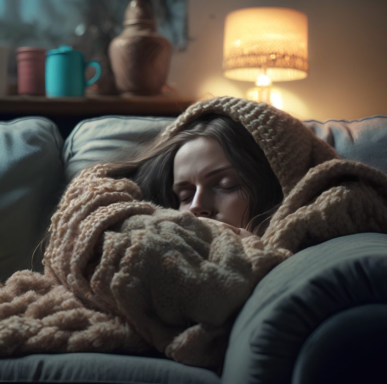 Γυναίκα κοιμάται κουκουλωμένη σε καναπέ
