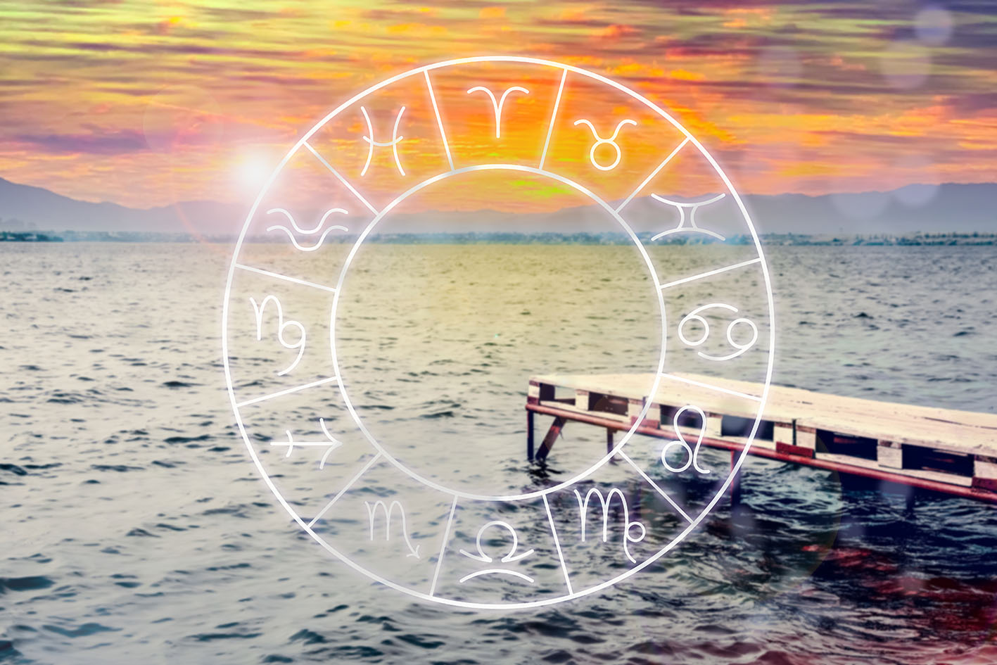 Ο ζωδιακός κύκλος πάνω σε φωτογραφία που δείχνει θάλασσα ή λίμνη
