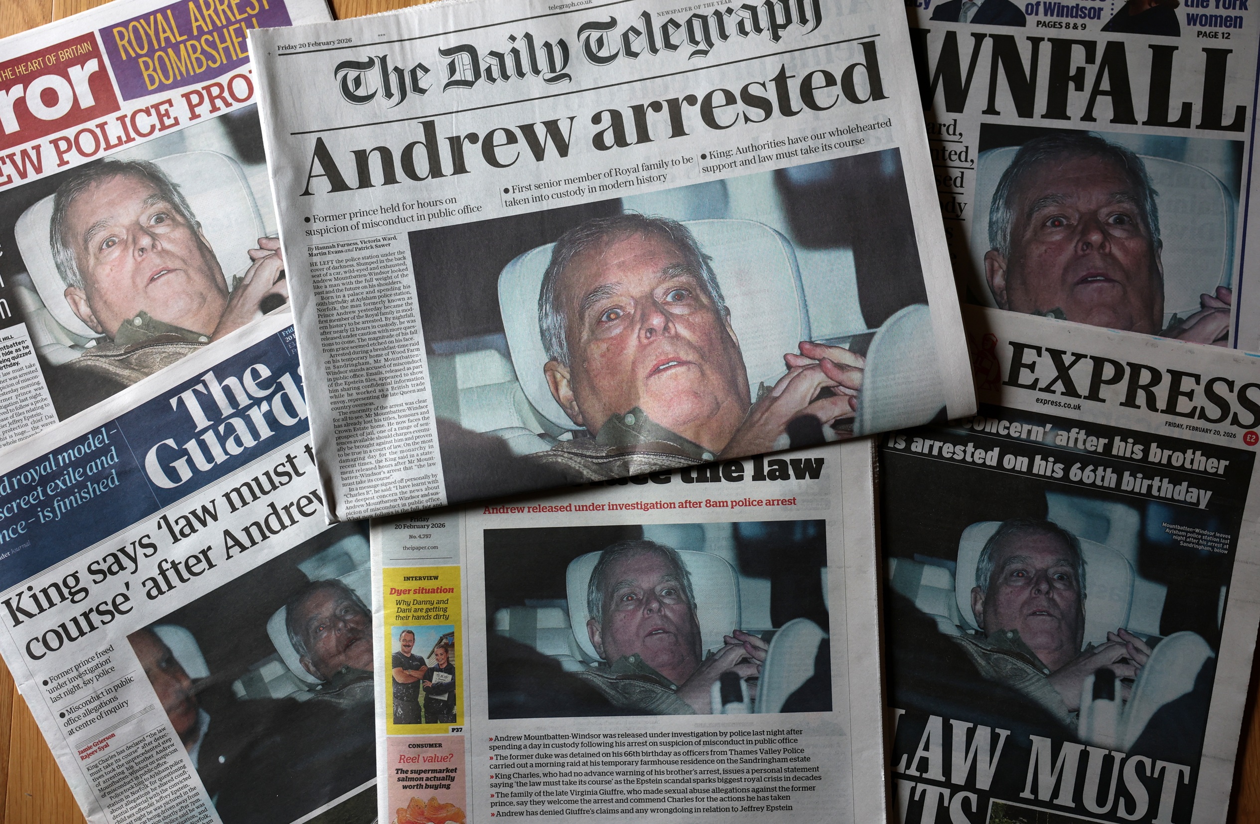 Tα πρωτοσέλιδα του βρετανικού Τύπου μετά τη σύλληψη του Andrew Mountbatten-Windsor, 20 Φεβρουαρίου 2026