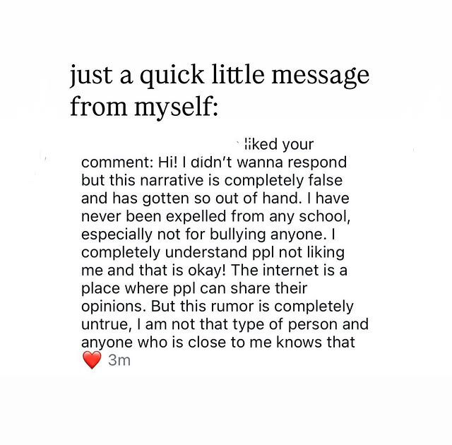 Το σχόλιο στο Story στον λογαριασμό της στο Instagram, το οποίο μοιράστηκε ξανά στα Instagram Stories της, η 21χρονη Apple έγραψε «ένα γρήγορο μικρό μήνυμα από εμένα».