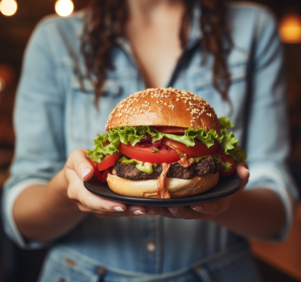Γυναίκα κρατά πιάτο με burger