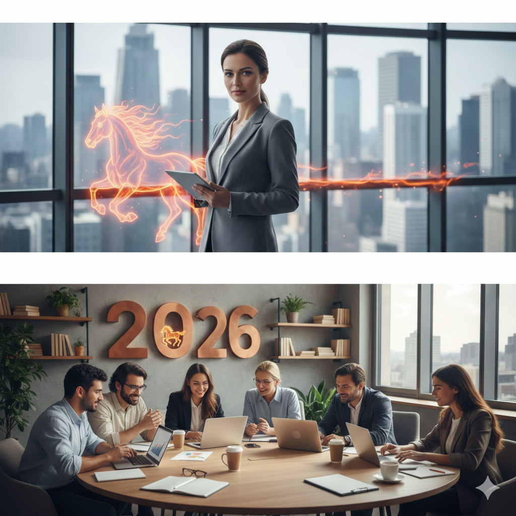 Γυναίκα μας κοιτά μπροστά από παράθυρο που φαίνεται σε σκίτσο ένα άλογο και στο κάτω μέρςο της φωτογραφίας συνάδελφοι γύρω από τραπέζι συζητούν. Στο τοίχο φαίνεται 2026. Η χρονιά του Πύρινου Αλόγου