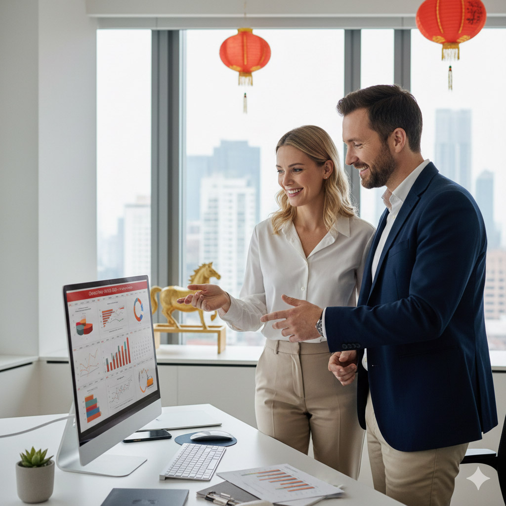 Τί φέρνει η Χρονια του Πύρινου Αλόγου στα επαγγελματικά τους. Συνάδελφοι στο γραφείο. Στο πρεβάζι στο παράθυρο υπάρχει ένα χρυσό άλογο και κρεμασμένα από το ταβάνι κινέζικα φαναράκια κόκκινα.