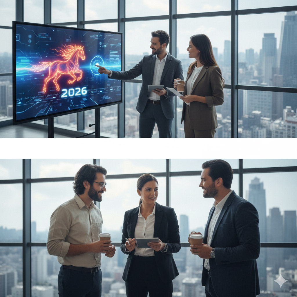 Συνάδελφοι στο γραφείο συζητούν και βλέπουν ένα άλογο που συμβολίζει την κινέζικη χρονιά σε μεγάλη οθόνη. Τί φέρνει η Χρονια του Πύρινου Αλόγου στα επαγγελματικά τους.